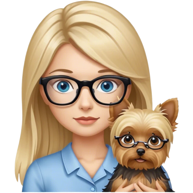 Blonde balayage long hair women with blue eyes wearing glasses holding a Yorkshire terrier  emoji
