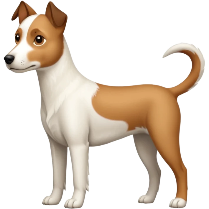 a full body large white parson russell looking dog the size of a kelpie with light brown ears and a light brown patch on one eye and a large snout emoji