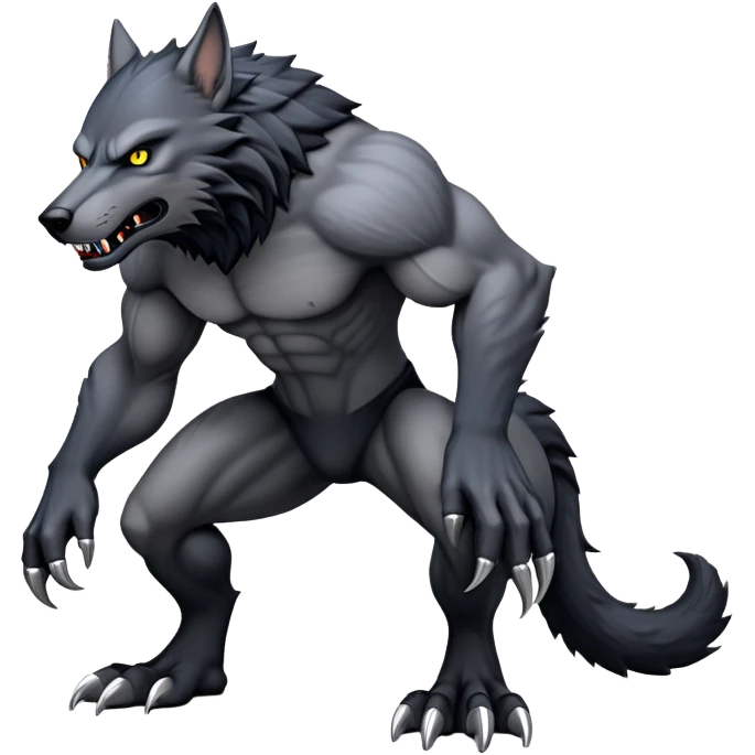 cinematic-noble-fierce-werewolf-full body on all fours-emoji, poised-and-imposing, with a tall, lean, and muscular wolfish frame inspired by the brutal, imposing shape of the beast from Berserk, fur rippling in shades of midnight black and silver, massive paws with razor-sharp claws, elongated limbs and fangs, eyes glowing with an intense, primal ferocity, reflecting the untamed power of the wild moonlit night; rendered with realism like a wolf hunched over emoji