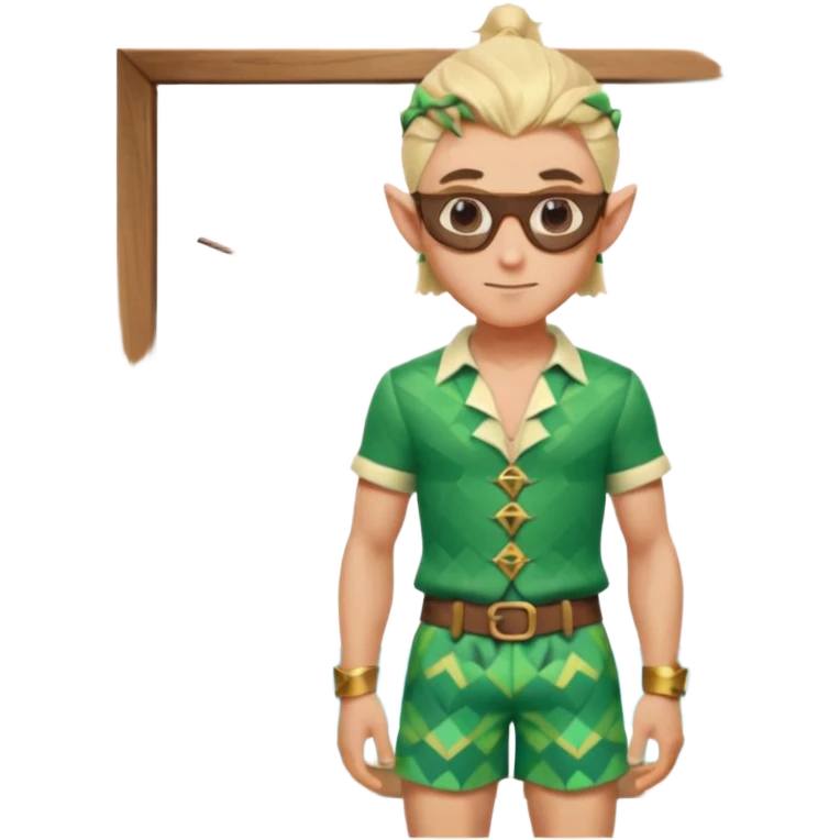 elf male legolas portrait, patterned board shorts (geometric/abstract), unique wooden-framed sunglasses, undercut hairstyle, slight smirk, visible pointy ears, no background, centered emoji, hipster summer vibe coctails emoji