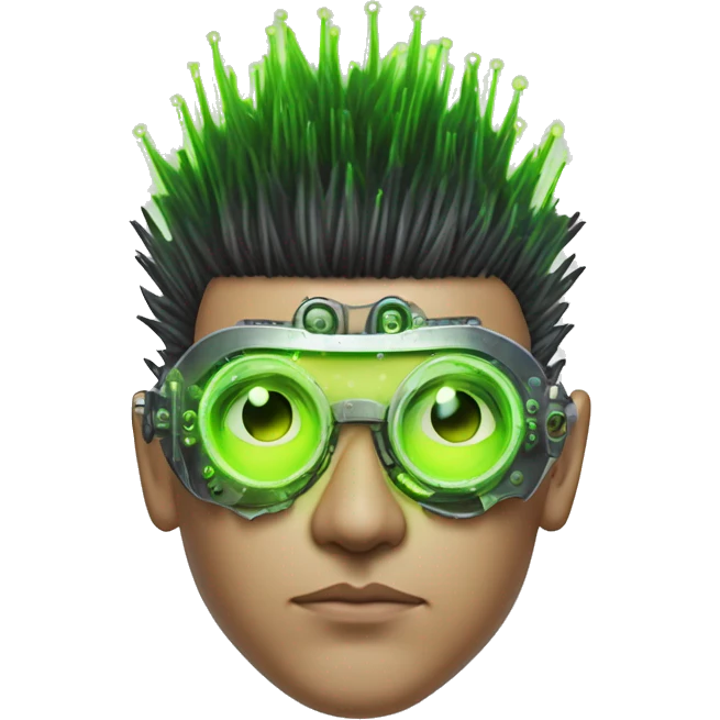 Mohawk hair with neon green highlights Asian male cyborg head with neon silver steampunk goggles and circuits emoji