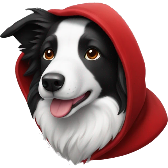 Black and white Border Collie wearing a red velvet hood with white fur trim. emoji