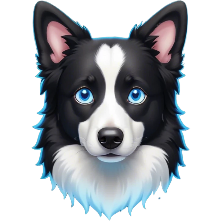 Cinematic Noble Black and White Border Collie Portrait Emoji, Poised and regal, with a lean, athletic build and a sleek, well-groomed black and white coat, piercing blue eyes, Simplified yet sharp and sophisticated features, highly detailed, glowing with a soft, dignified glow, high shine, intelligent and agile, stylized with an air of precision, focused and attentive, soft glowing outline, capturing the essence of a watchful and determined herder, so majestic it feels as though it could sprint out of the screen with effortless authority! emoji