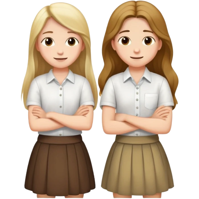 A boy in a white shirt and a girl with long hair in a skirt crossed their arms over their chests - with happy faces emoji