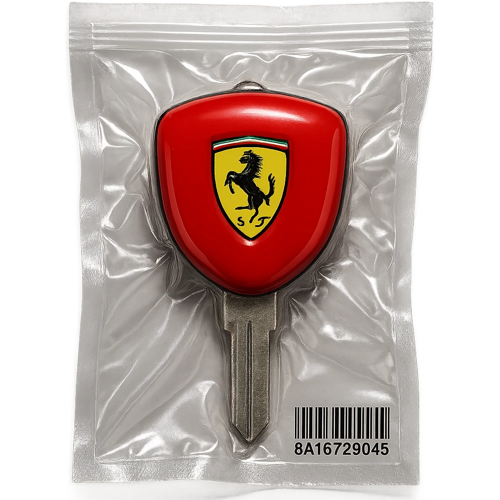 classic Ferrari car key, red with Ferrari logo, glossy and puffy emoji