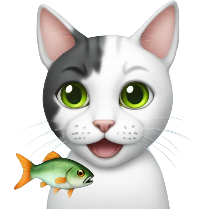 Cat green eyes eating fish emoji