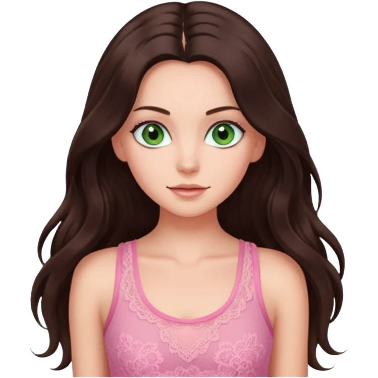 super long haired brunette with middle part cute pink lacy tank white but tan green eyes hairflup emoji