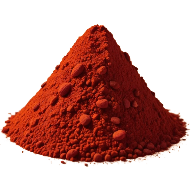 small mound of ground paprika powder, vibrant red-orange color, finely ground, slightly uneven surface, a few scattered specks around the base, dry matte texture, richly pigmented, clean, minimal, soft shadows, no faces or container, emoji scale emoji