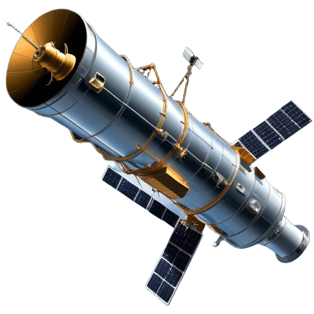 cinematic-realistic-hubble-space-telescope-emoji, an awe-inspiring, ultra-detailed depiction of the Hubble Space Telescope floating in space, its large, reflective metallic surface gleaming against the backdrop of the infinite blackness. The telescope's vast solar panels extend outwards, catching the light from distant stars, while its intricate, cylindrical body showcases advanced, precise engineering. The telescope's large, hexagonal lens is pointed towards the cosmos, surrounded by mechanical components, wires, and sensors. The detailed textures of the telescope’s metallic exterior, the shiny reflective coating, and the intricate grid-like solar panels are sharply contrasted against the void of space, with distant stars and nebulae faintly visible in the background, adding to the sense of scale and technological marvel; rendered with extreme realism and attention to detail. emoji