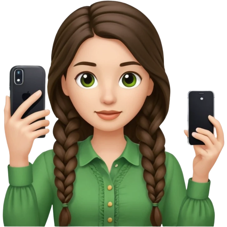 brunette long braided haired woman with green blouse holding her phone having selfie emoji