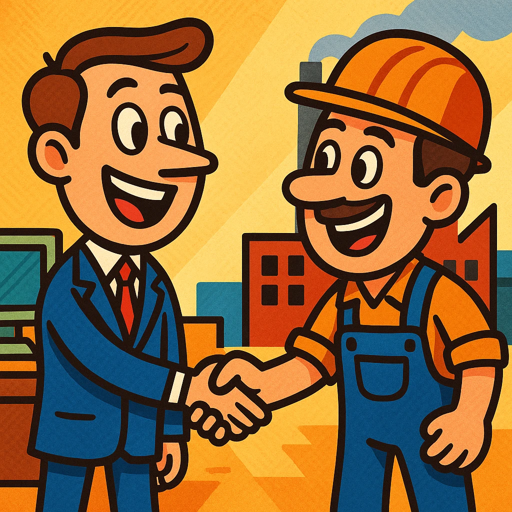 cartoon style office worker shaking hands with factory worker, large heads, exaggerated emotions emoji