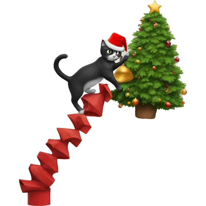 a cat climbing a christmas tree but the cat has a red top hat  emoji