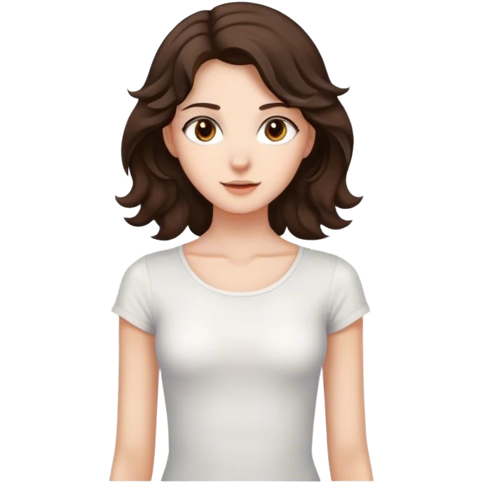 Tall, slender girl with dark brown wavy hair and light brown eyes wearing a white top emoji