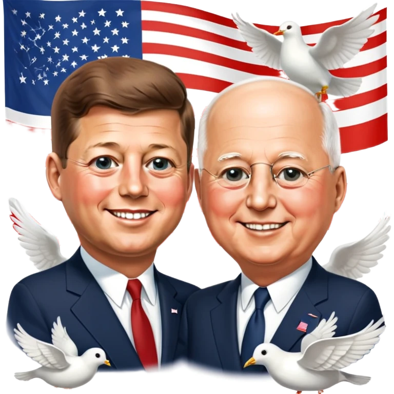 John F. Kennedy and Mikhail Gorbachev side by side, smiling, friendly diplomatic atmosphere, small peace symbol and doves, US and USSR flags as accents emoji