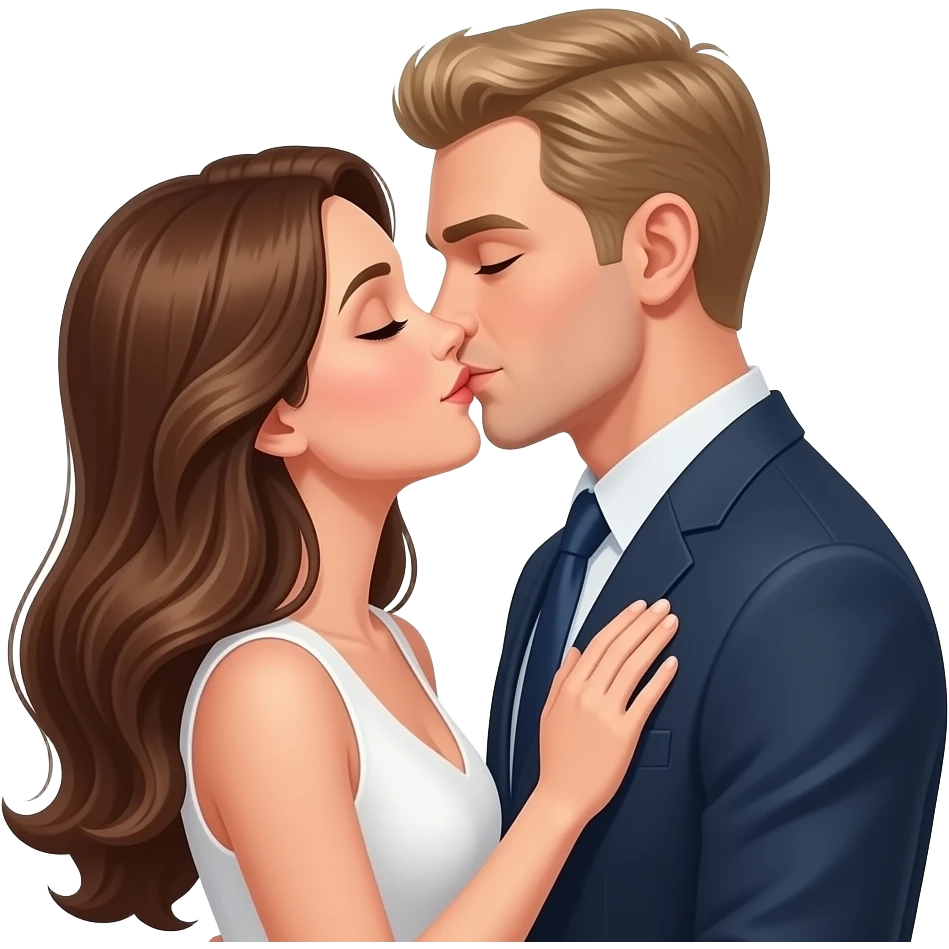 Couple kissing under the Eiffel Tower. She has long brown hair and he has blonde short hair. They are elegant emoji