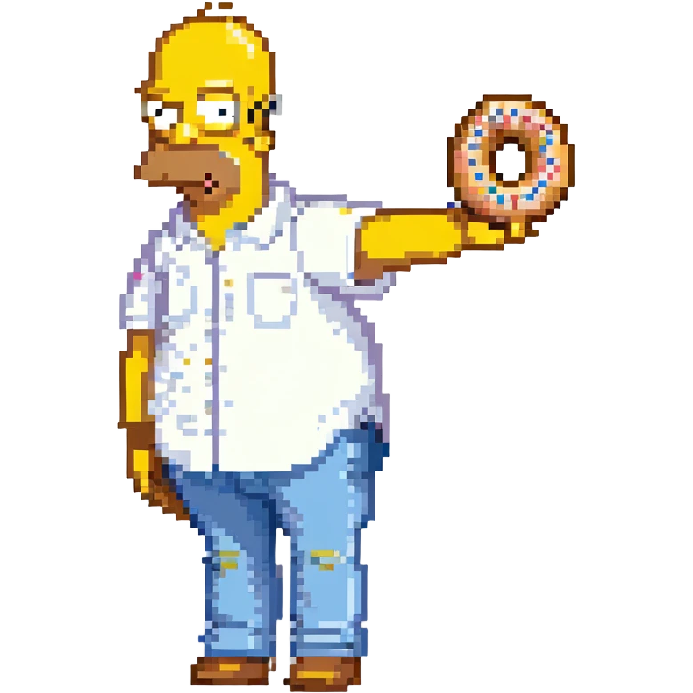 Homer Simpson pixel art style, yellow skin, bald head with two hairs, white shirt, blue pants, holding a donut emoji