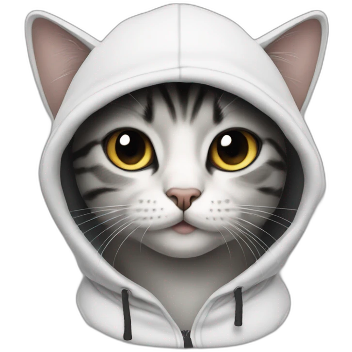 cat wearing a black ball cap and a white hoodie with the hood up emoji
