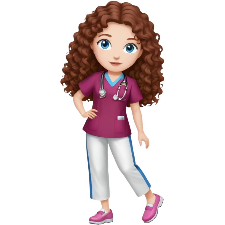 Nurse with long brown curly hair and blue eyes, burgundy tunic, white pants, pink shoes emoji
