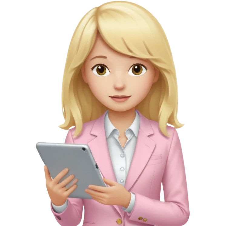 Long blonde wavy hair girl with a strait fringe and using a light pink suit working in a tablet emoji