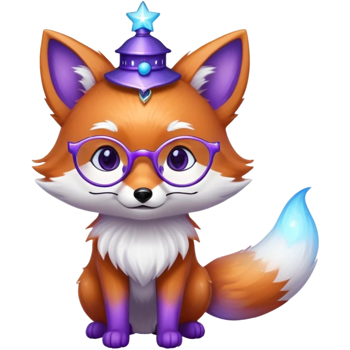 Heart eyes 😍 — a small magical fox with shimmering purple and blue fur, a glowing fluffy tail, a silver star on its forehead, round glasses, and a tiny lantern. emoji