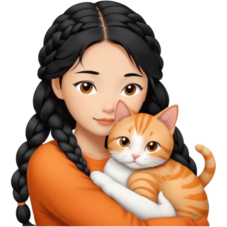 Young Asian woman with braided black hair cuddling a white and orange tabby cat, gentle embrace, affectionate pose emoji