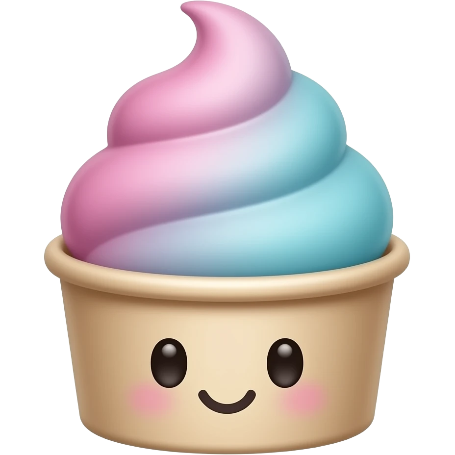 kawaii ice cream cup emoji, colorful pink and blue ice cream scoop in a paper cup, cute dessert icon style emoji