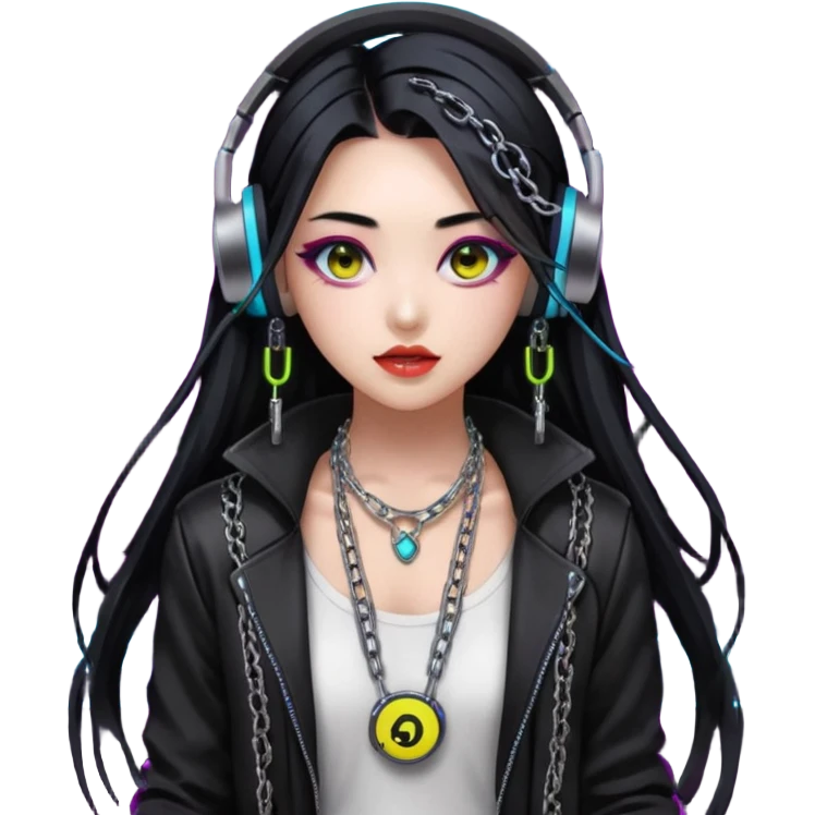  korean-techno-dj-girl,-wearing-a-stylish-edgy-outfit-with-metallic-chains,-long-black-hair,-performing-in-a-neon-lit-underground-club,-cyberpunk-aesthetic,-high-detail-3d-emoji-style,-energetic-and emoji