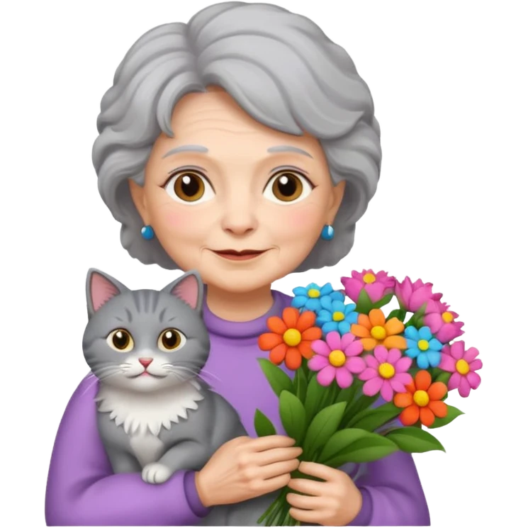 old woman holding bouqet and cat emoji
