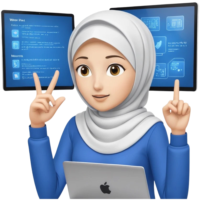 computer engineer with white hijab wearing blue outfit, pointing and gesturing at specific code elements and features on the large digital screen behind her, laptop in front of her, explaining particular parts of her metaverse creation in detail emoji