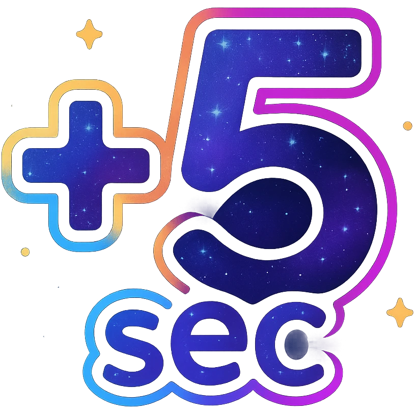 +5 sec icon, modern clean plus and 5 with neon border and glowing effect, dark purples blues blacks base, nebula gradients, small bright stars, specular highlights, luminous look emoji