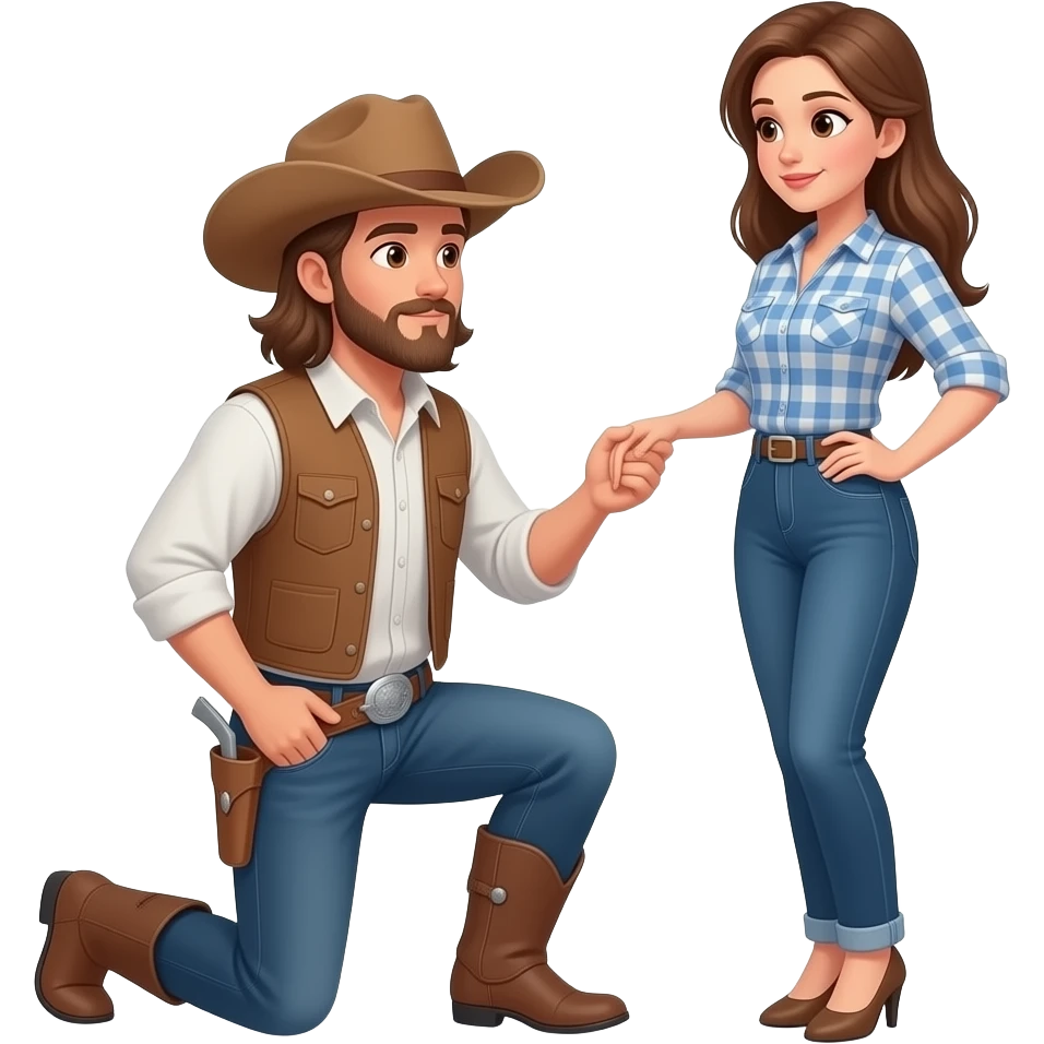 Long haired, brunette, brown eyes beard, cowboy, bending down in one knee looking up proposing to a long haired, brunette, brown eyed female emoji