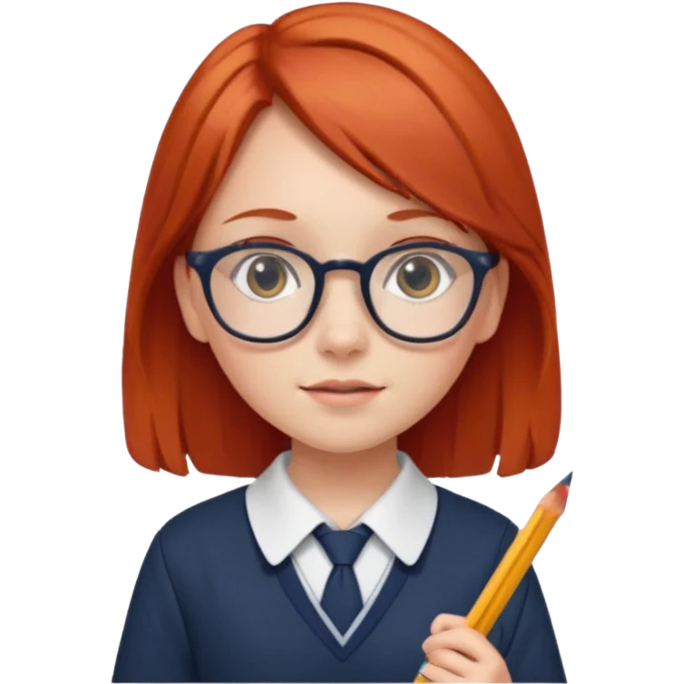 red long hair girl kid with glasses → holding a pencil with school uniform emoji