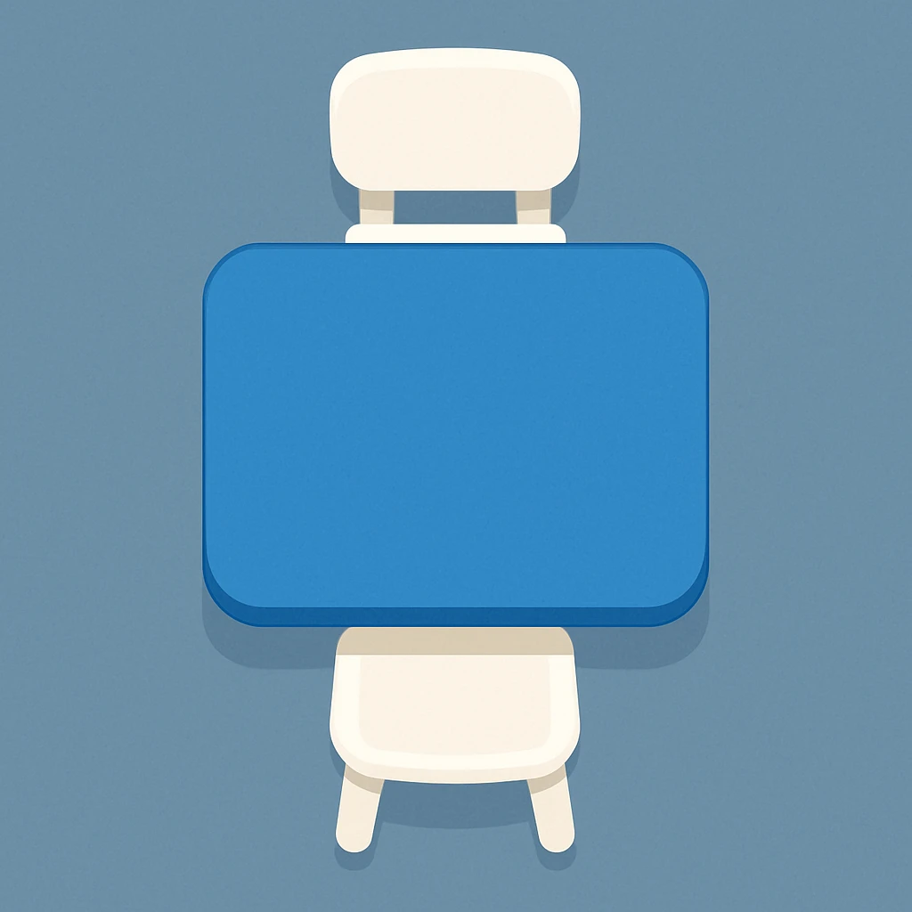 Create a simple and clear top view emoji of a desk and two chairs inspired by the reference image. The desk should be blue and the chairs white, with no extra objects. Maintain a clean and minimal style. emoji
