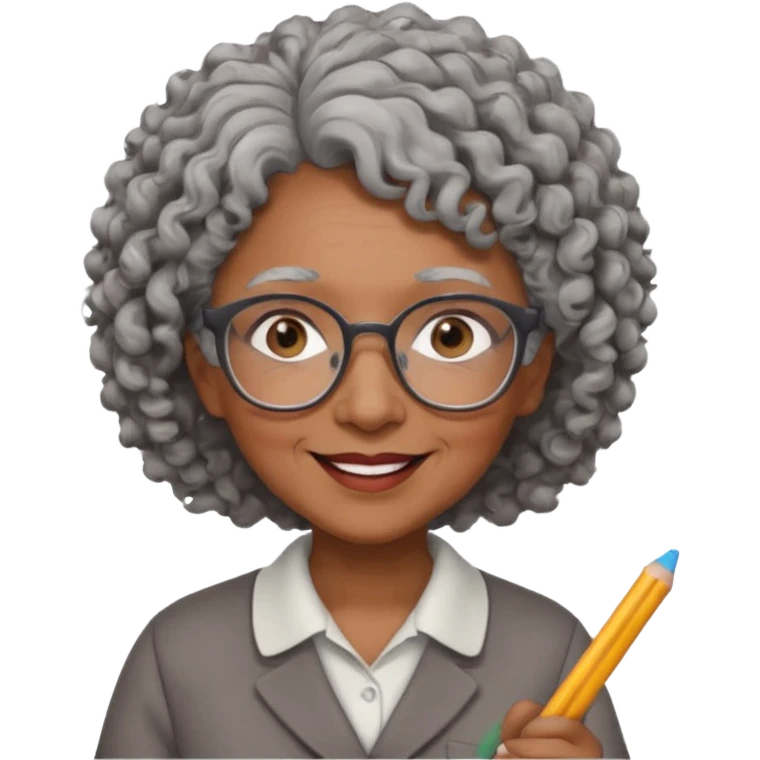 old woman teacher, brown skin, curly grey hai, wearing glasses, hold chalk on hand emoji