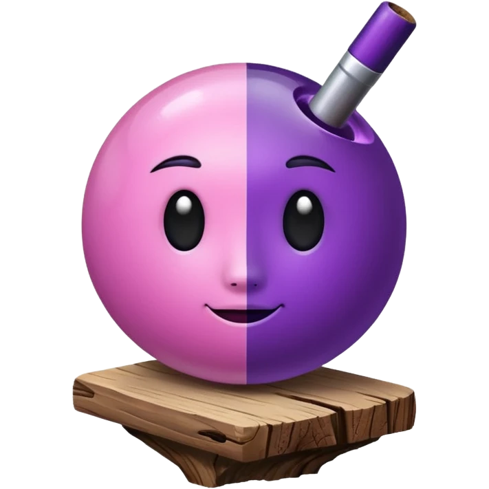 A half pink half purple ball with a face and a wooden stem followed by a glass stem on top of the wood stem tilted 90 degrees emoji