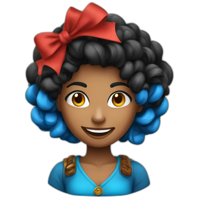 mujer sonriente cabello pelirojo con buff azul tipo cintillo collar de tira negra y adorno de madera en forma de espiral emoji