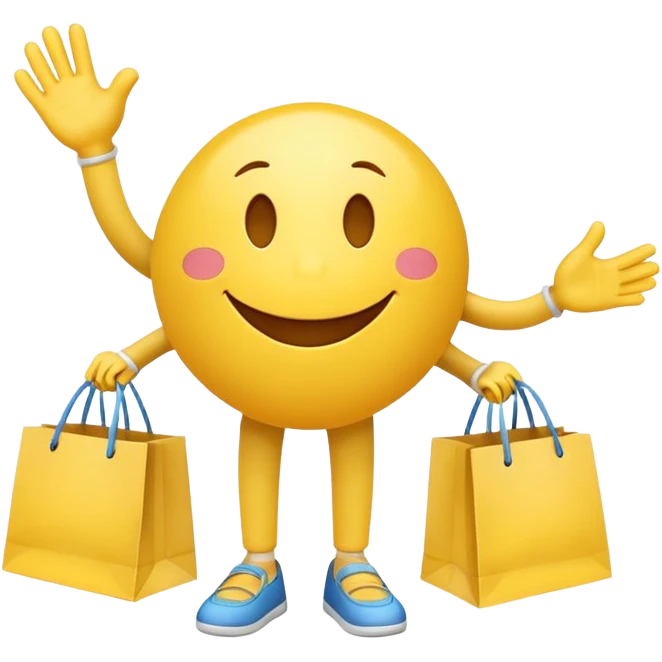 HAPPY SMILEY FACE WITH HANDS AND FEET EMOJI WITH SHOPPING BAGS IN EACH HAND emoji