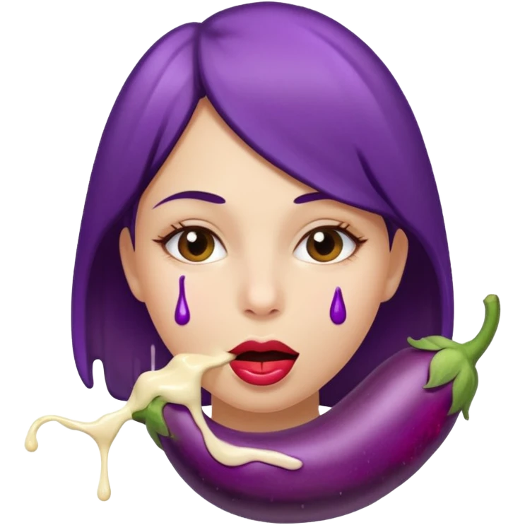 Naked Girl sucking on egg plant, egg plant between lips, cream dripping from mouth emoji