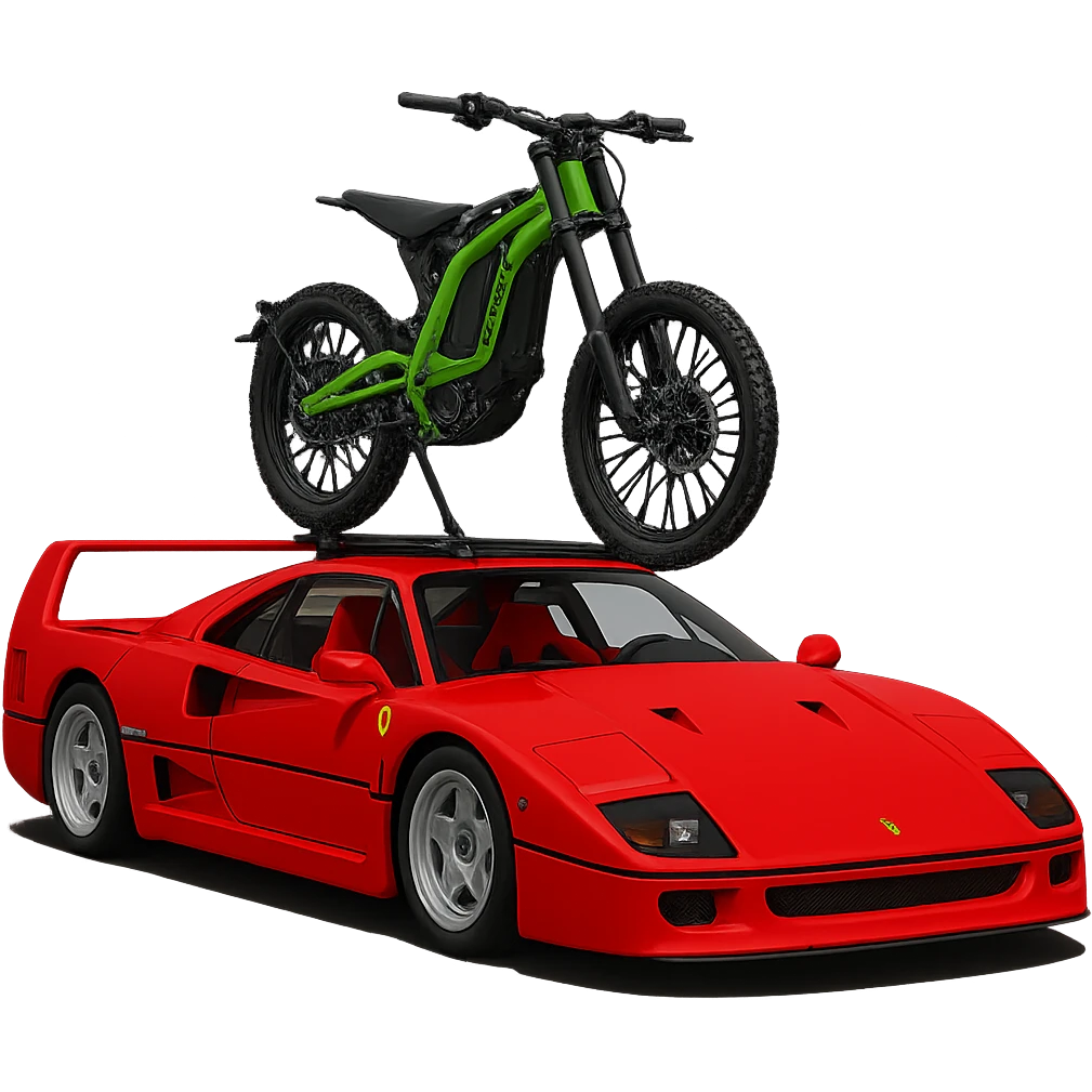 Replace the two bikes with one Sur-Ron electric bike with a green frame, mounted on the roof rack of the Ferrari F40. Keep the background transparent. emoji