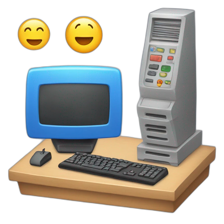 una torre de pc y al lado un volante un joystick y un mando emoji