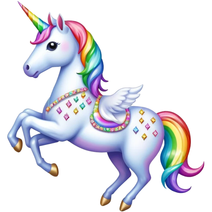 unicorn rhinestone covered riding on a rainbow emoji