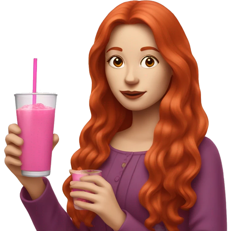 long haired redhead woman drinking a pink drink emoji