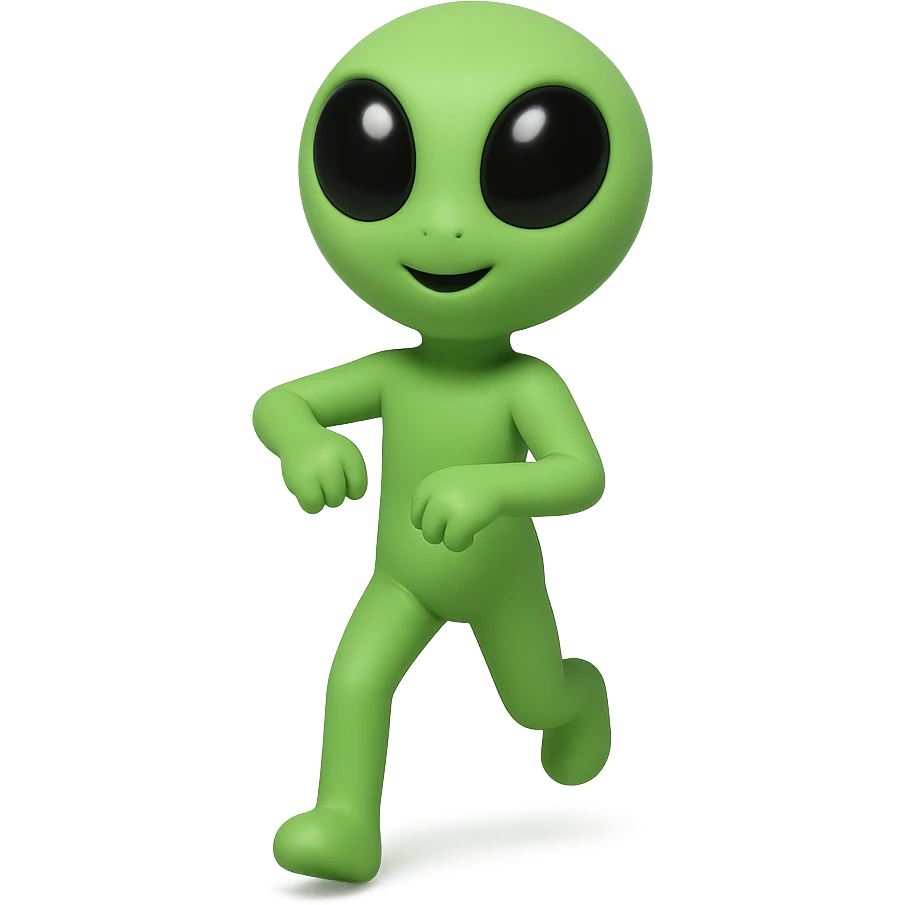 Create a neon green alien dancing, almost identical to the reference image, with minimal changes in the positions of arms and legs, looking straight ahead. This is frame 10 of an animation. PNG format with transparent background. emoji