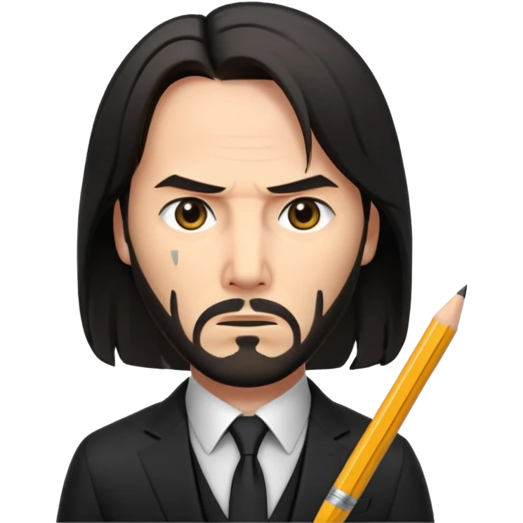 john wick as an apple-style emoji, action pose, holding a pencil, intense eyes, black suit emoji