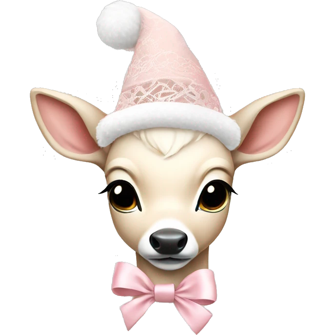 white fawn with pale pink lace ribbon and pale pink christmas hat emoji