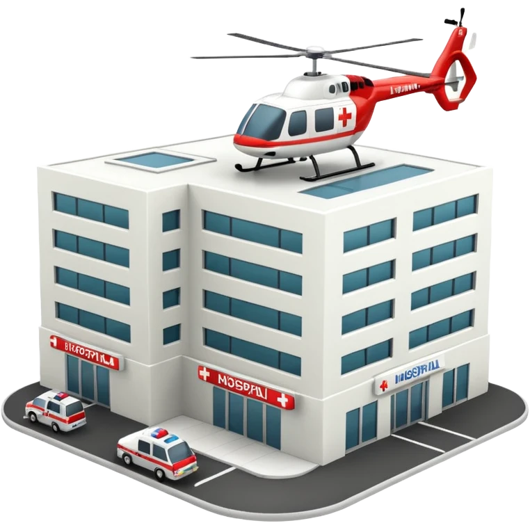 3d hospital outside, with text hospital, ambulance, helicopter , no background emoji