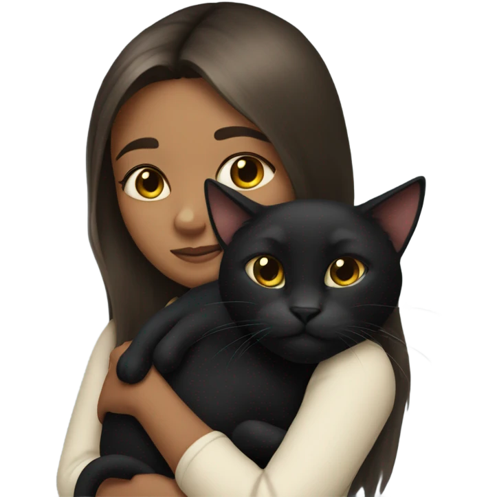 girl with long brunette hair snuggling black cat emoji