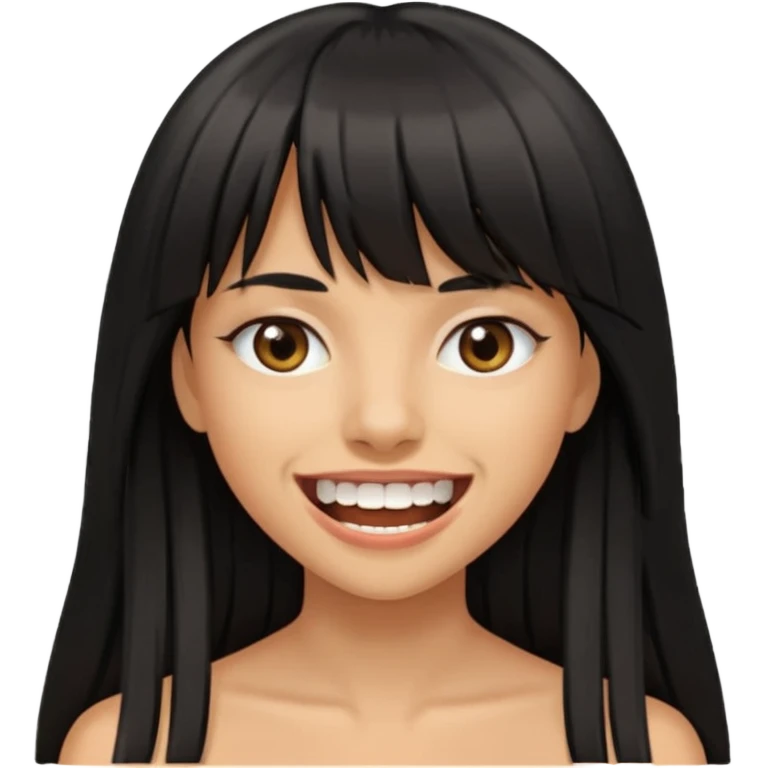 Woman a little tan with long black hairs and bangs, appearing teeth emoji