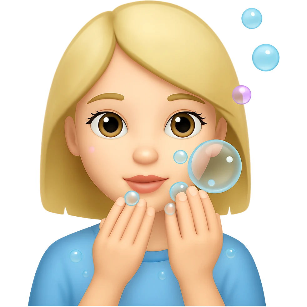 Edit the image of a girl washing her face with bubbles, blonde hair, same style as the original, with no background. emoji