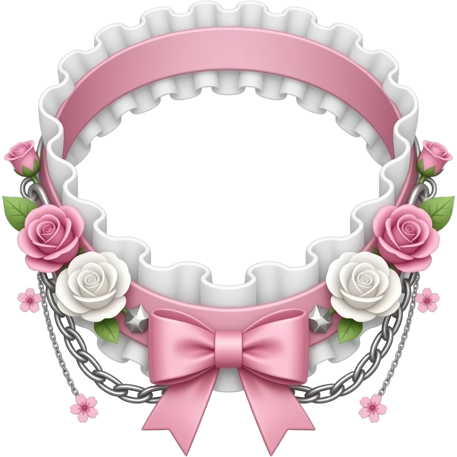 Pastel-baby-rose-pink Lolita-styled aesthetic cute kawaii choker-collar-necklace adorned with with white frills, roses,, bow tie, silver chains, sakura, apparel separated emoji